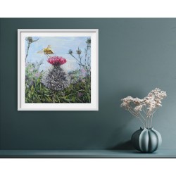 Large Pink Thistle Flower with Bee in the Sky Original Oil Painting
