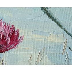 Large Pink Thistle Flower with Bee in the Sky Original Oil Painting
