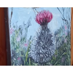 Large Pink Thistle Flower with Bee in the Sky Original Oil Painting