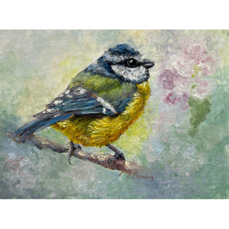 Blue tit realistic painting in acrylics and ink on paper