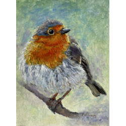 Robin realistic painting in acrylics and ink on paper.