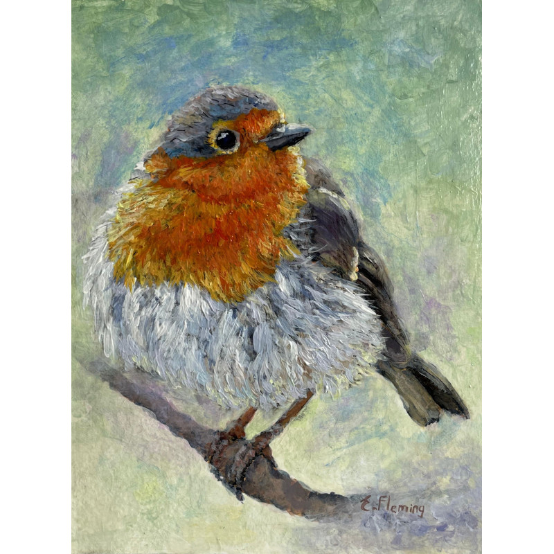 Robin realistic painting in acrylics and ink on paper.