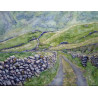 Quiet green road with old stone wall and hills in the Irish countryside