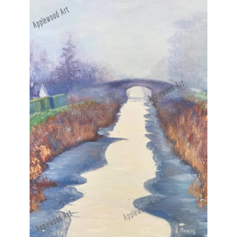 winter canal with snow and bridge