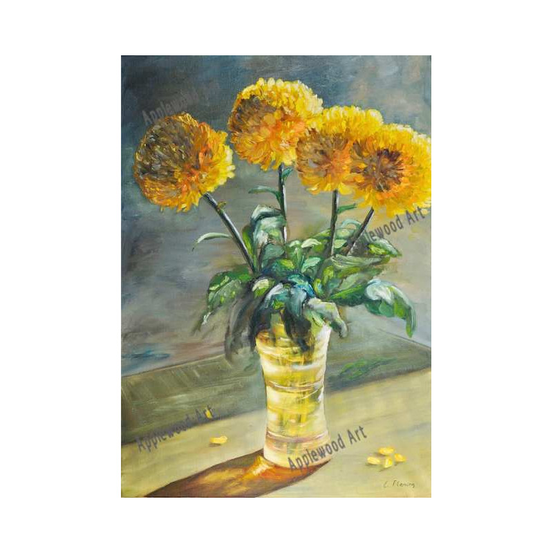 Large yellow chrisanthemums in the yellow vase