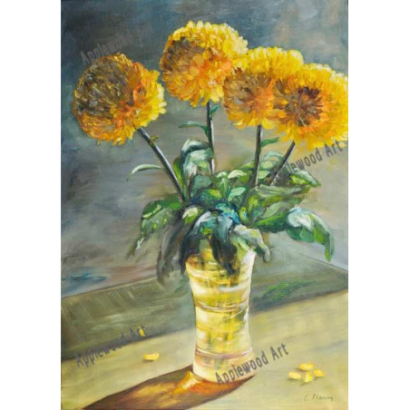 Large yellow chrisanthemums in the yellow vase
