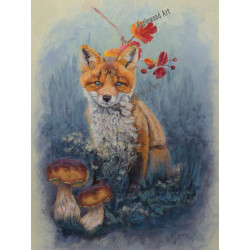 Autumn Scene With Red Fox, Brown Mushrooms and an Autumn Branch