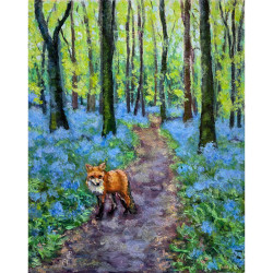 Spring Irish wood with bluebells and a ginger fox on the path