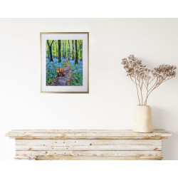 Spring Forest with Bluebells, Young Bright Green Leaves and a Red Fox