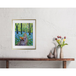 Spring Forest with Bluebells, Young Bright Green Leaves and a Red Fox