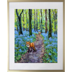 Spring Forest with Bluebells, Young Bright Green Leaves and a Red Fox
