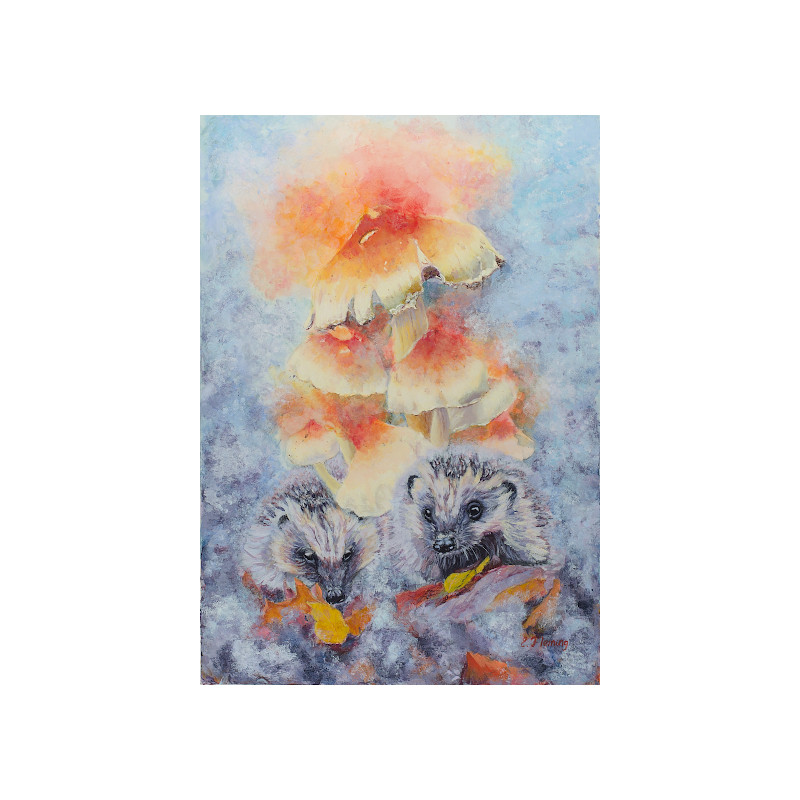 Two hedgehogs under the red mushrooms in a fantasy style