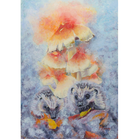 Two hedgehogs under the red mushrooms in a fantasy style