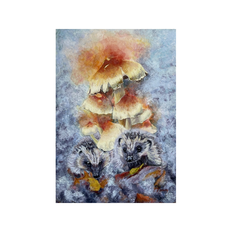 fantasy forest with hedgehogs and mushrooms