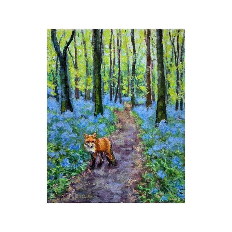 Giclee print of spring Irish wood with bluebells and a ginger fox on the path
