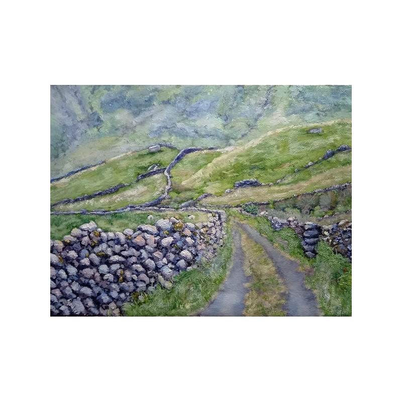 Quiet green road with old stone wall and hills in the Irish countryside giclèe print