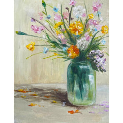 Wild Spring Flowers in a Jar in the Sunny Morning Painted in Oil