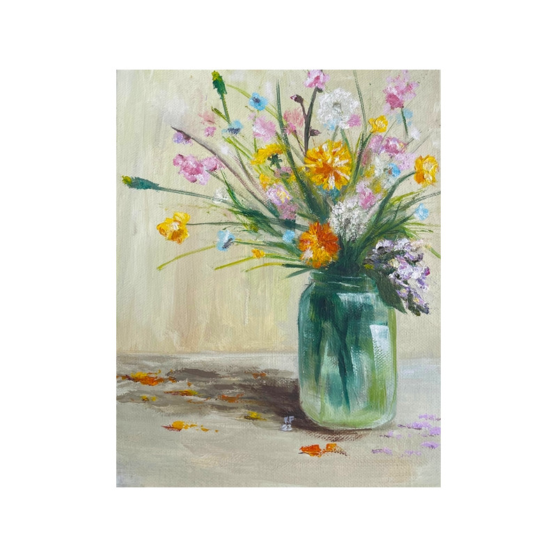 Wild Spring Flowers in a Jar in the Sunny Morning Painted in Oil