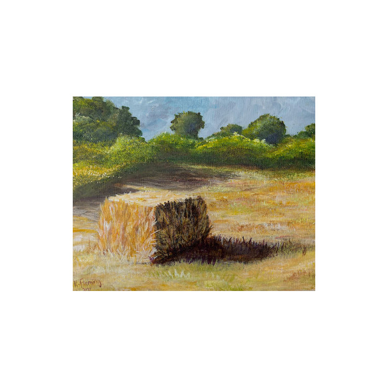 Hot Summer Day Landscape with Golden Fields and Haybales