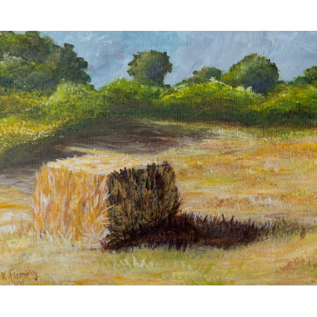 Hot Summer Day Landscape with Golden Fields and Haybales