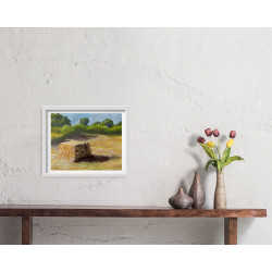 Hot Summer Day Landscape with Golden Fields and Haybales