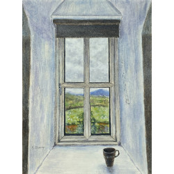 View out of an old cottage window onto West of Ireland countryside