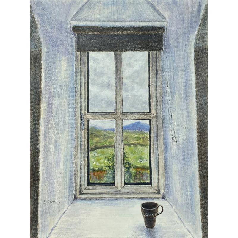 View out of an old cottage window onto West of Ireland countryside