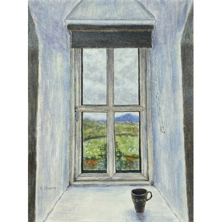 View out of an old cottage window onto West of Ireland countryside